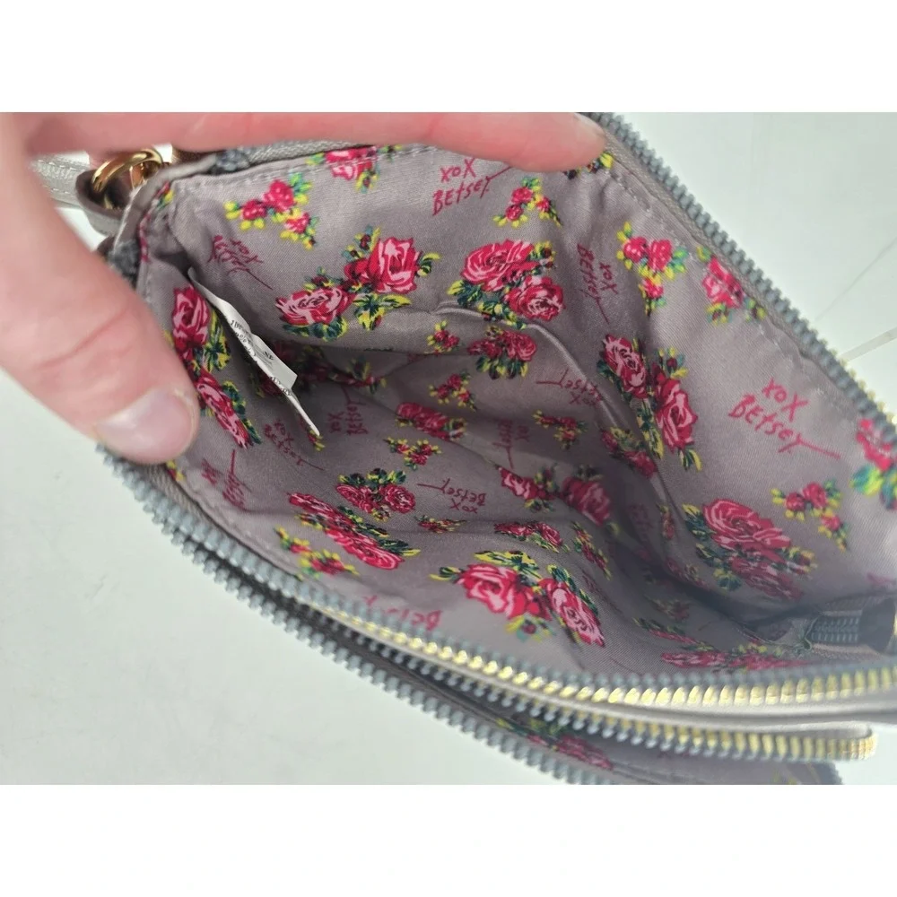 Betsey Johnson Double Zip‎ Pouch Wristlet - Gray With Embossed Hearts